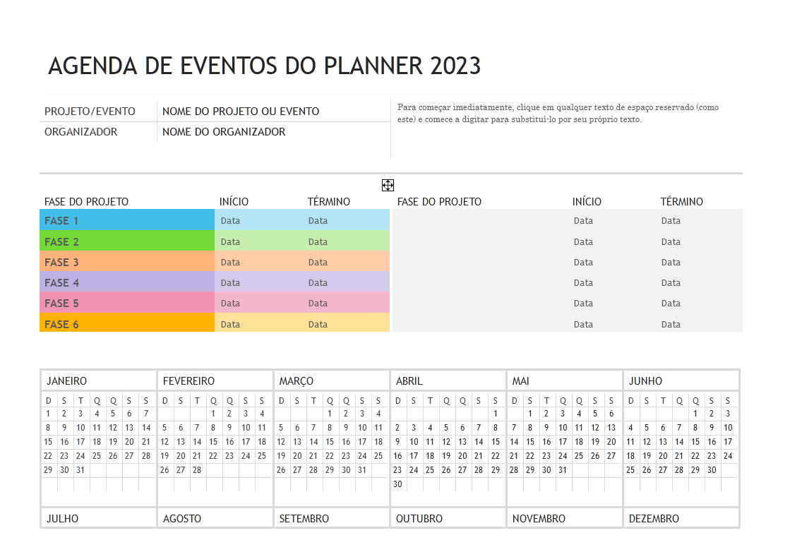 Imagem que mostra um exemplo de agenda de eventos do Planner de 2023